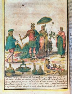 Illustration fra en historie med Peru, der viser en inca -konge og dronning med indiske ledsagere og et diagram over en Bicharra af French School