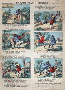 Illustration af fabel af Jean de la Fontaine (1621-1695): ulven blev hyrde. Epinal billeddannelse fra slutningen af det 19. århundrede. af French School