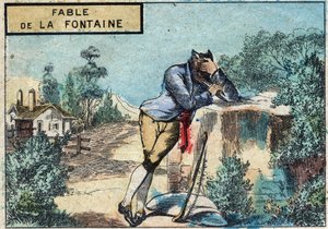 Illustration af fabel af Jean de la Fontaine (1621-1695): ulven blev hyrde. Epinal billeddannelse fra slutningen af det 19. århundrede. af French School