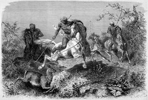 Illustration udgivet i udgaven af "" Le Tour du monde"" fra 1870 - 1871, der forestiller en dyakjagt på øen Borneo. Gravering. af French School