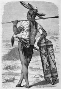 Illustration offentliggjort i udgaven af "Le Tour du monde" fra 1870 - 1871, der forestiller en dayak (oprindelig) på øen Borneo. Gravering. af French School