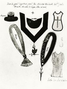 Illustrationer af frimurerregalier og kjole fra ridderen Kadosh, 30. grad, i den skotske frimureritation, 1813 (pen, blæk og gouache på papir) af French School