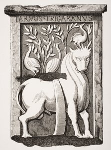 Billede af Holy Ox Celtic monument fundet under koret i Notre Dame Cathedral i Paris i 1711, fra Le Moyen Age et La Renaissance af Paul Lacroix (1806-84) udgivet 1847 af French School