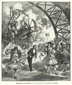 Tænkt besøg af kong Ludvig XIV og hans hof til Maskinernes Pavillon ved Exposition Universelle i Paris i 1889 (gravering) af French School