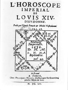 Kejserligt horoskop for Ludvig XIV (1638-1715) af Michel Nostradamus (1503-66) udgivet af Francois Huart i Paris 1652 af French School