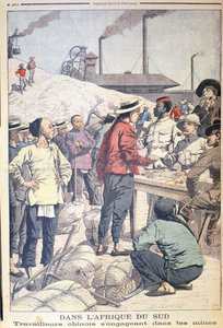 Import af kinesiske arbejdere til at arbejde i guldminerne i Sydafrika i 1904, illustration fra Le Petit Journal, 1904