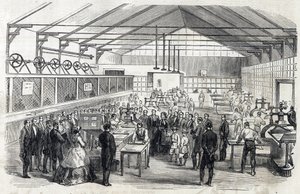 Imponer Eugenie og Imperial Prince besøger Banque de France, 23. juni 1866 - trykning af pengesedler - gravering i Le MONDE Illustrous DU 07/07/1866 af French School