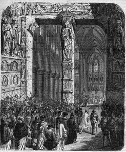 I Canossa beder kejser Henrik IV af Det Hellige Romerske Rige (1050 - 1106) i angrende dragt om tilgivelse fra pave Gregoire VII (Hildebrand: 1015/20 - 1085) og gør ærefuldt bod. Dronningekongens og kejsernes forbrydelser gennem århundreder” af Mauri af French School