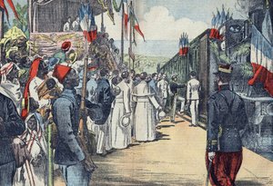 Indvielse af jernbanen, der forbinder Thies med Kayes til Senegal, begyndelsen af det 20. århundrede af French School