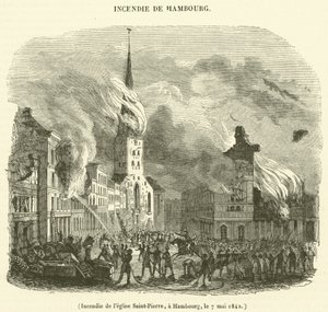 Brand i St. Peter-kirken, Hamborg, 7. maj 1842 (gravering) af French School