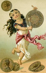 Indisk danser, der slår en rupee-tromme, fra en række salgsfremmende kort på valutaer i forskellige lande, udgivet i Paris af Baster & Vieillemard til brug af chokoladeproducenten, Chocolat Ible