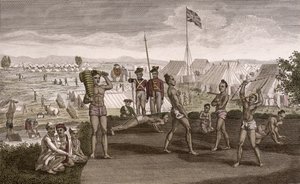 Indiske krigere træner med udsigt over den engelske beboerlejr, ca. 1810 af French School