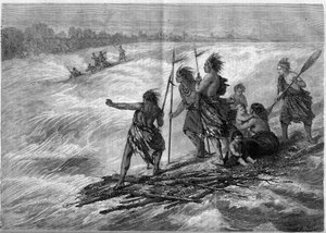 Indianere fra Canada, stående på trægrene knyttet sammen, ned ad Long Sault Rapids på St. Lawrence-floden af French School