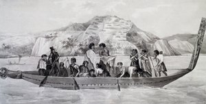 Indfødte New Zealandere på pirogue med befæstet landsby i baggrunden, 10. april af French School