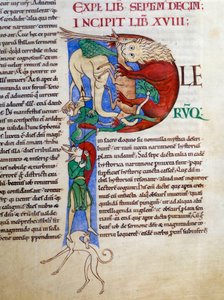 Initial P (lettrine): gærdjævelens mund i helvede. Miniature fra manuskriptet "Moralia in Job", Morales sur Job af Saint Gregoire, fra klosteret i Citeaux. af French School