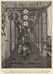 Interiør af La France nacellen: den elektriske motor kan ses nedenfor, måleanordningerne ovenfor, nøglekontakten (gravering) øverst til venstre af French School