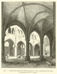 Interiør af de hellige-uskyldiges kirke i 1786; gengivelse af en tegning af Desmachy, Coll A Lenoir