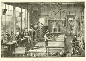 Interiør af en seltzervandsfabrik (gravering) af French School