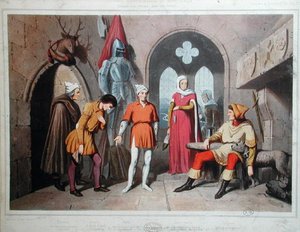 Interiør af et slot i Vogeserne i det fjortende århundrede (farve litho) af French School