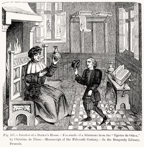 Interiør af et lægehus, fra Epistre dOthea af Christine de Pisan, illustration fra videnskab og litteratur i middelalderen og renæssancen, skrevet og indgraveret af Paul Lacroix, 1878 (gravi af French School