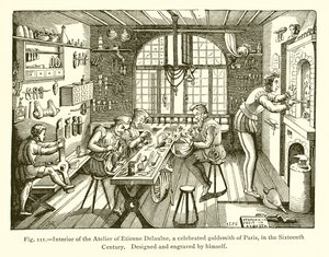 Interiør af Atelier of Etienne Delaulne, en berømt guldsmed i Paris, i det sekstende århundrede af French School