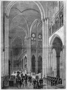 Interiør af basilikaen Saint Denis (Saint Denis) restaureret efter planerne fra Eugene Viollet-le-Duc (Viollet le Duc) (1814-1879). Indgravering i "The Illustrous Universe" af French School