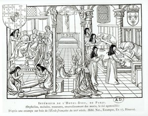 Interiør af Hotel Dieu hospital (xylograf) af French School