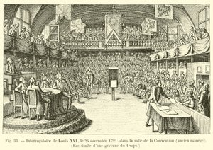 Forhør af Ludvig XVI, 26. december 1792, i Salle de la Convention, tidligere rideskole, Faksimile af en gravering fra tiden af French School