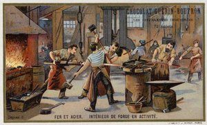 Jern og stål. Interiør af en travl smedje (chromolitho) af French School