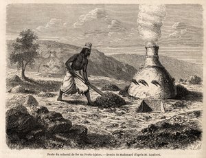 Smeltning af jernmalm ved Fouta Djalon, Senegal, tegning af Hadamard til illustration af løjtnant Lamberts rejse til Fouta Djalon i 1860. Gravering i "Le tour du monde" 1861. Selvas samling. af French School