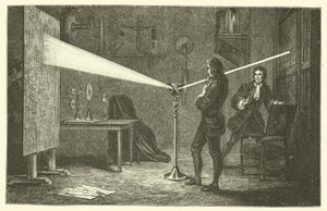 Isaac Newton nedbryder lys (gravering) af French School