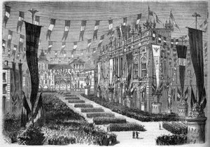 Italiensk forening, Torino, 2. april 1860: udsmykning af slotspladsen (Piazza Castello) i anledning af åbningen af det italienske parlament. Indgravering i "" Le Monde Illustré"" nr. 157 af 14. april 1860. af French School