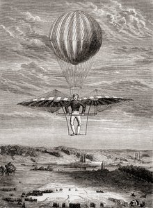 Jacob Degens ornitopter fra 1808 med klapventiler, hvor piloten stod på en stiv ramme og betjente vingerne med en bevægelig vandret stang, fra 