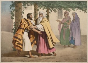 Jacob med Laban og hans døtre, illustration fra en katekismus LHistoire Sainte, udgivet af Charles Delagrave, Paris, slutningen af det 19. århundrede af French School
