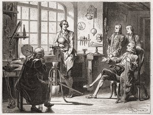James Watt (opfinder af dampmaskinen i 1769) i sin butik i Glascow - i "" Album of Science; berømte videnskabsmænd; Store opdagelser””” 1896. af French School