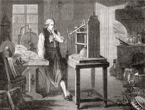 James Watt i sit Glasgow-værksted forbedrede Thomas Newcomens 1712 Newcomen-dampmaskine med sin Watt-dampmaskine i 1781, fra Les Merveilles de la Science, pub.1870. af French School