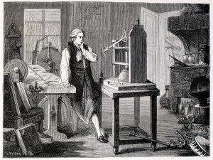 James Watt studerer perfektionen af Newcomens maskine (1767) - i "" Album of Science; berømte lærde; Store opdagelser”” 1896. af French School