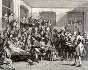 Jansenisme: krampetrækningerne på kirkegården Saint-Médard på graven af diakon Parîs (1690 - 1727), hvor "mirakler" fandt sted. 1700-tals tryk. af French School