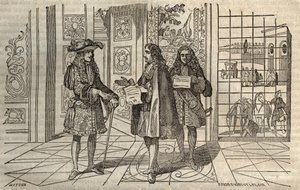 Jean Baptiste Colbert (Jean-Baptiste) (1619-1683) i møde med kong Ludvig XIV og Francois Louvois (1641-1691) i Versailles - gravering efter Leclerc - af French School