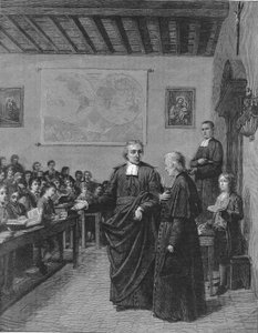 Jean Baptiste De La Salle (Jean-Baptiste) 1651-1719 Fransk religiøs, grundlægger af kongregationen af brødrene til de kristne skoler, viser en af sine skoler til M de La Chetardie. Stik fra slutningen af 1800-tallet. af French School
