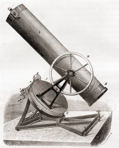Jean Bernard Léon Foucaults spejlreflekterende teleskop på en ækvatorial montering, efter en tegning fra det 19. århundrede, fra Les Merveilles de la Science, udgivet ca. 1870 (gravering) af French School