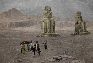 Jean Francois Champollion ved Memnon-kolosserne i Egypten (kobberstik) af French School