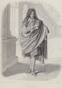 Jean Racine, fransk dramatiker, i Spejlsalen i Versailles (gravering) af French School