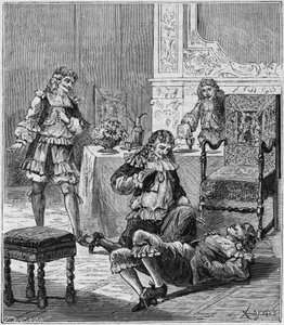 Jean de SANTEUL (Santeuil) (1630-1697) forgifter med et glas vin, hvori tobak fra Spanien var blevet puttet - Indgravering i "Videnskaber gjort tilgængelige for alle - fysik og kemi"" af Alexis Clerc - Slutningen af det 19. århundrede - Privat samling af French School