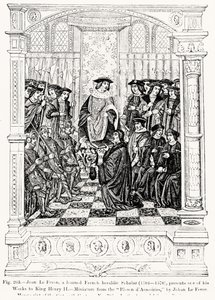 Jean le Feron (1504-70) præsenterer et af sine værker til kong Henrik II (1519-89) fra Blason dArmoires, af Jean le Feron, illustration fra videnskab og litteratur i middelalderen og renæssancen af French School