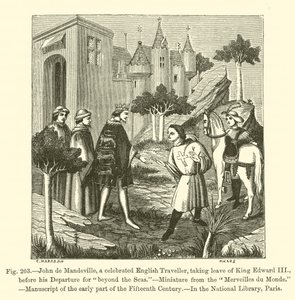 John de Mandeville, ein berühmter englischer Reisender, verabschiedet sich von König Edward III. vor seiner Abreise "jenseits der Meere" von French School