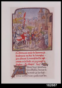 John of Gaunt bliver modtaget af borgerne i Bayonne ved byportene, fra Froissarts Chronicle, slutningen af det 15. århundrede af French School