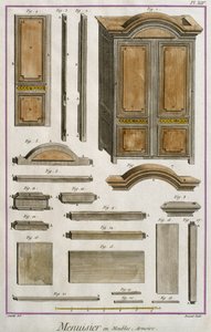 Snedker, et skab, illustration fra Encyclopedie des Sciences et Metiers af Denis Diderot (1713-84) indgraveret af Robert Benard (fl.1734) udgivet ca. 1770 (farvegravering) af French School