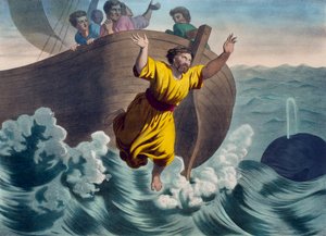 Jonah kastet i havet, illustration fra en katekismus LHistoire Sainte, udgivet af Charles Delagrave, Paris, slutningen af det 19. århundrede af French School