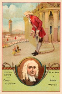 Jonathan Swift, irsk forfatter, og en scene fra hans roman Gulliver